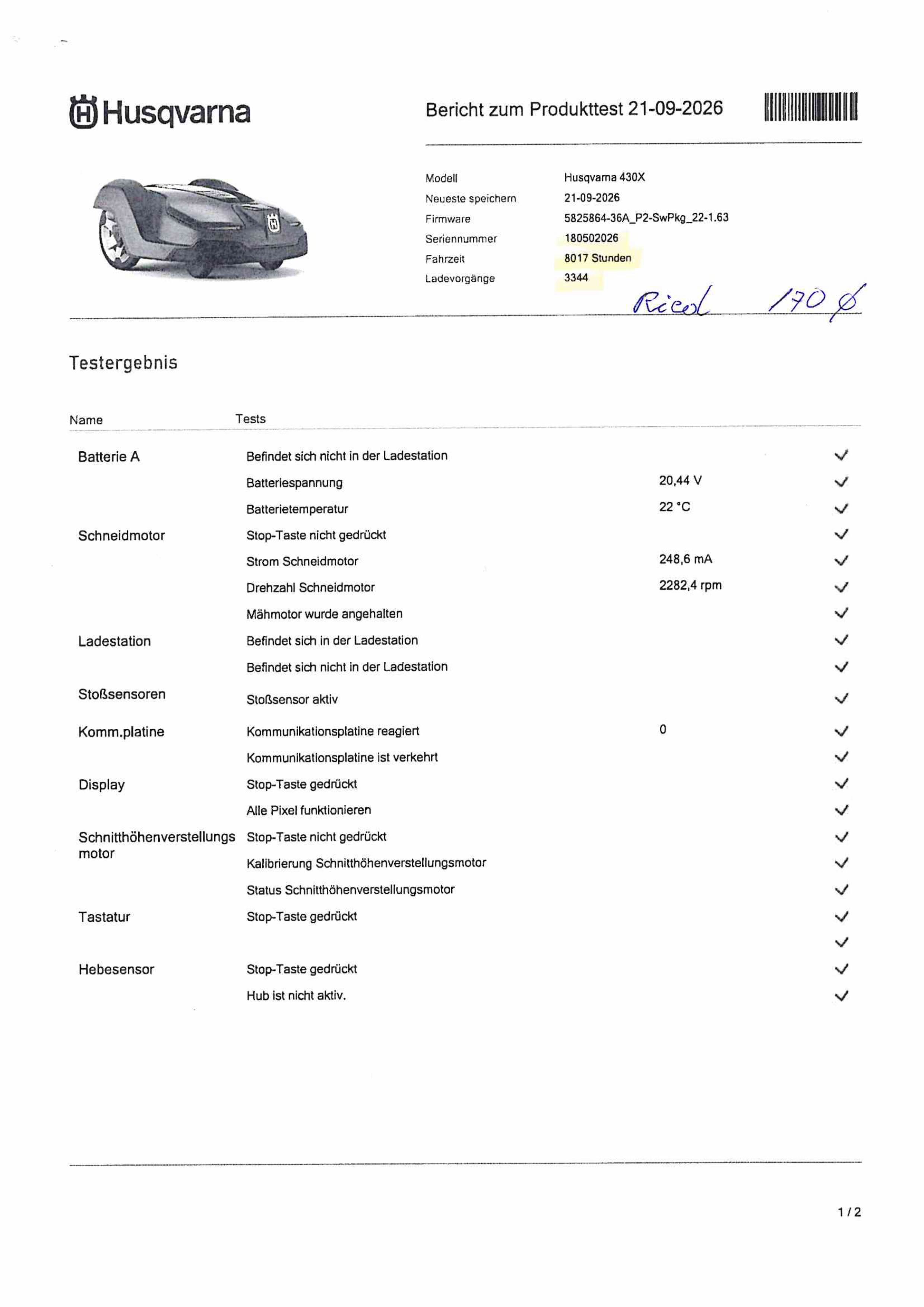 Automower 430X - bis max. 3000qm - Gebraucht - BJ2018 - Einsatzstunden 8017